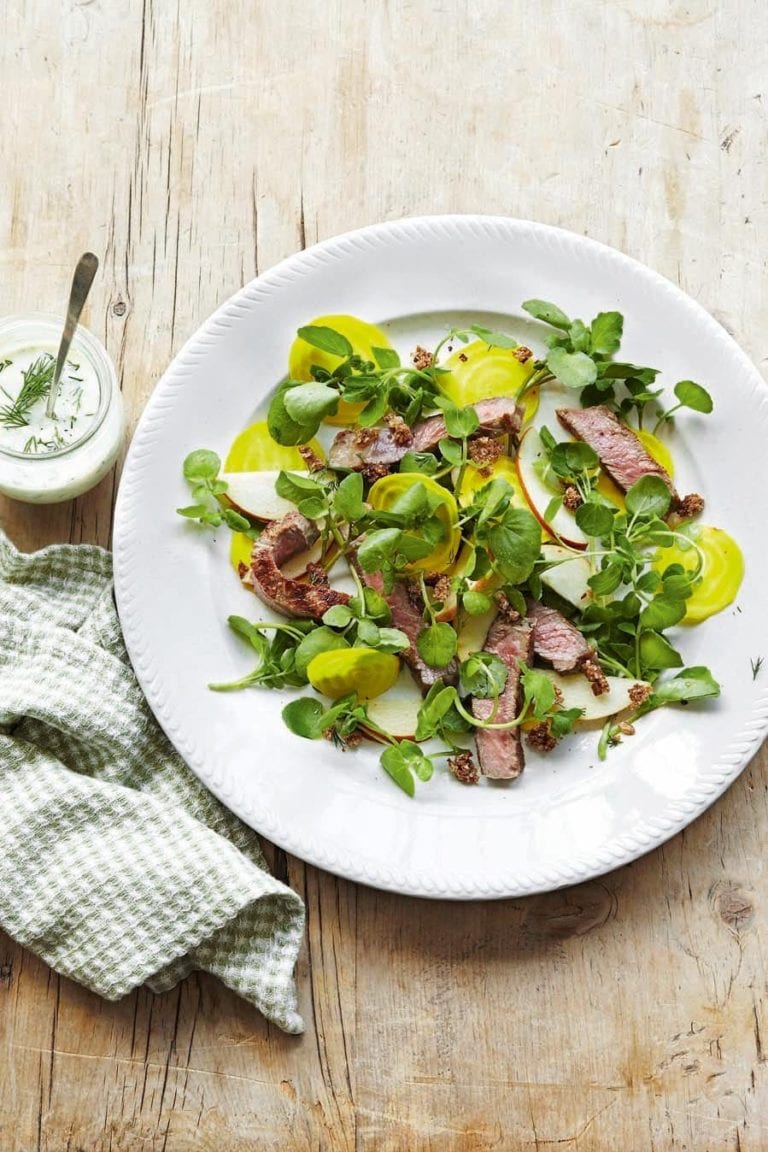 Scandi-style steak salad with buttermilk dressing and rye crumbs