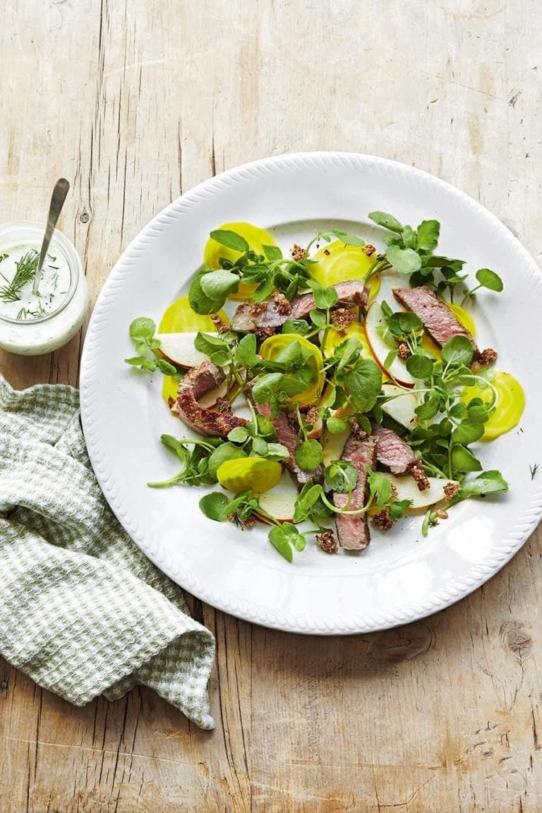 Scandi-style steak salad with buttermilk dressing and rye crumbs