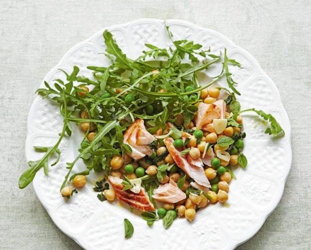Lemon and oregano chickpeas with salmon, peas and rocket