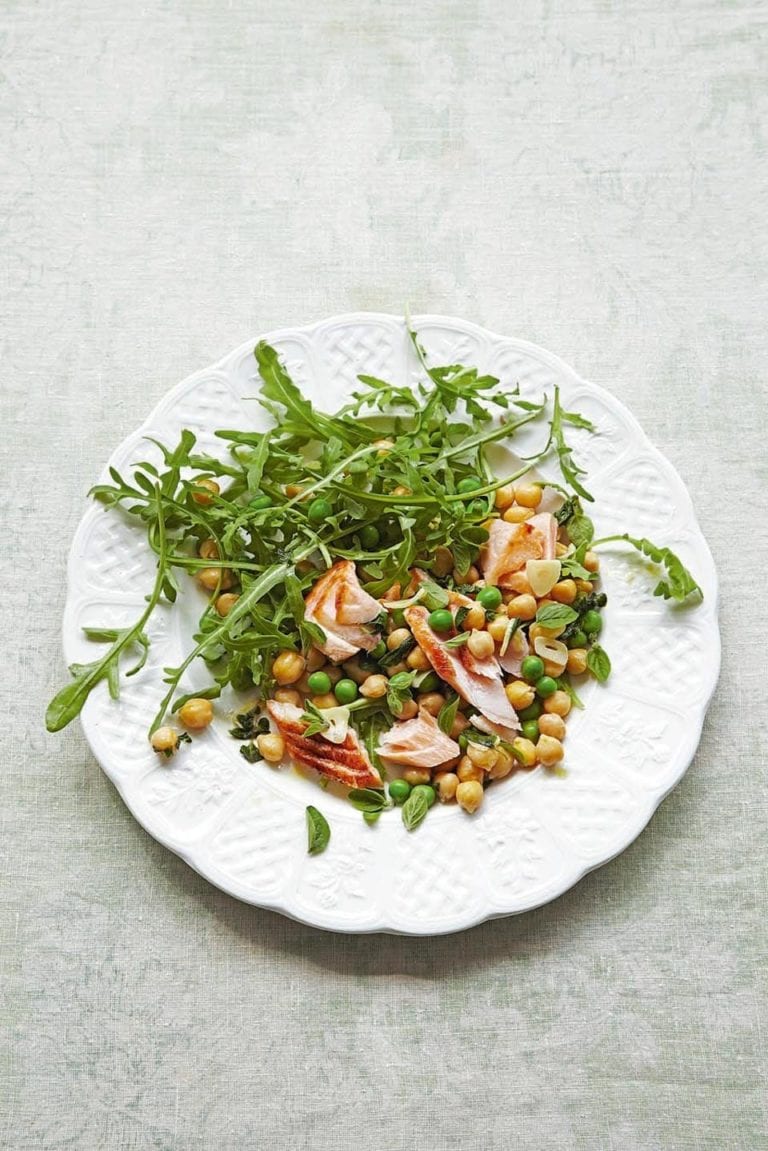 Lemon and oregano chickpeas with salmon, peas and rocket