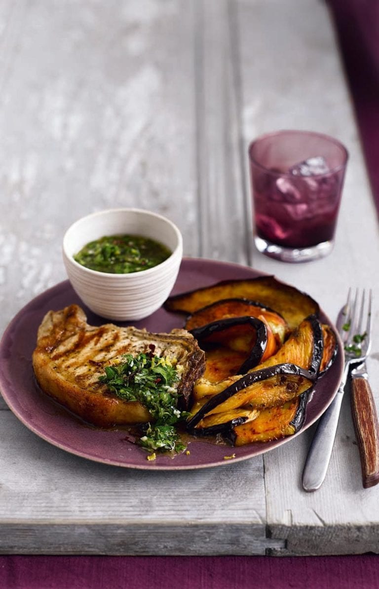 Spicy aubergines with pork chops & chimichurri sauce