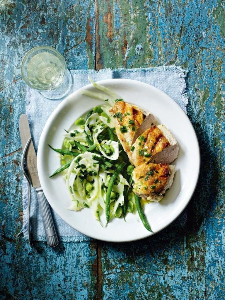 Warm fennel and beans with griddled chicken and tarragon butter