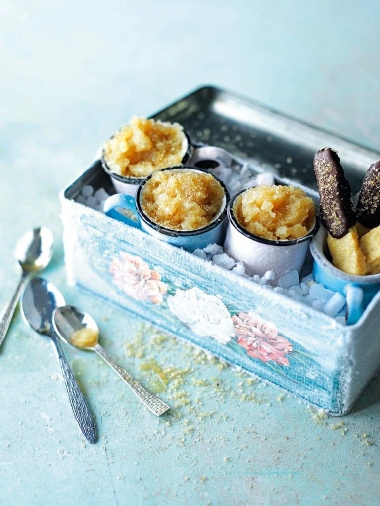 Cider lolly granita with chocolate biscuit sticks