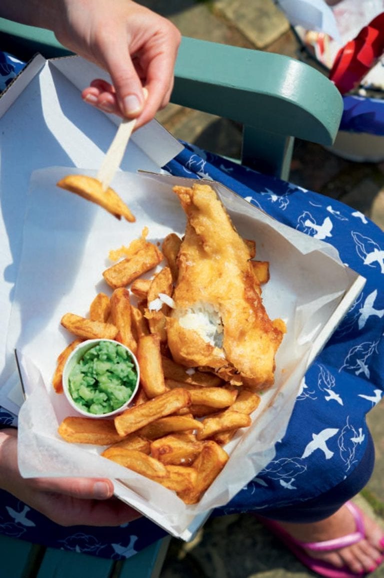 Fish, chips and mushy peas