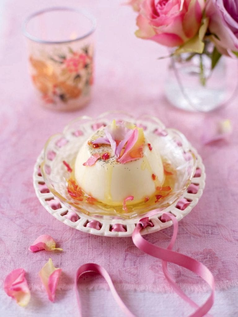 Vanilla pannacotta with rose petal syrup