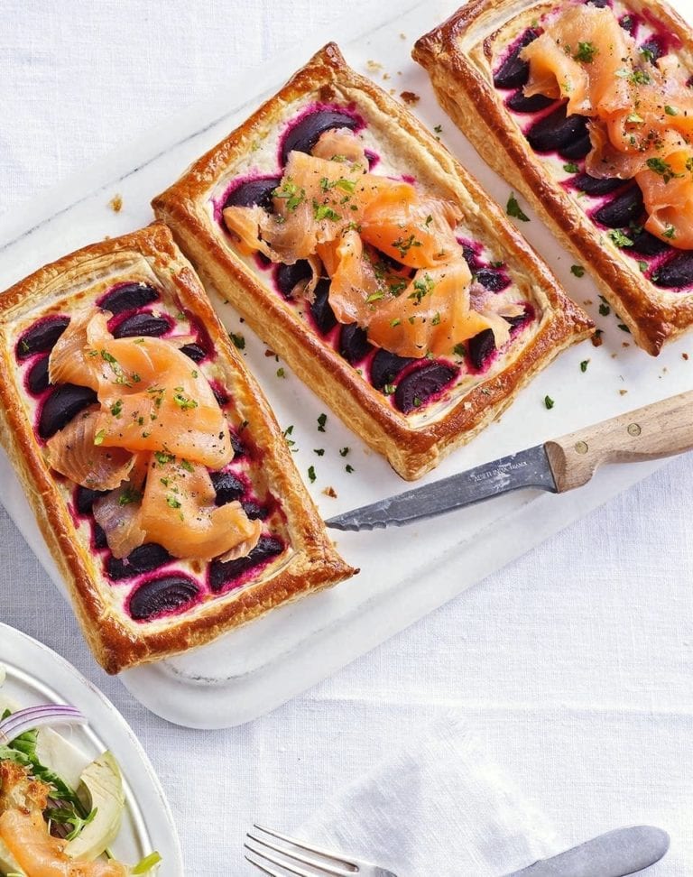 Beetroot and smoked salmon tart with horseradish