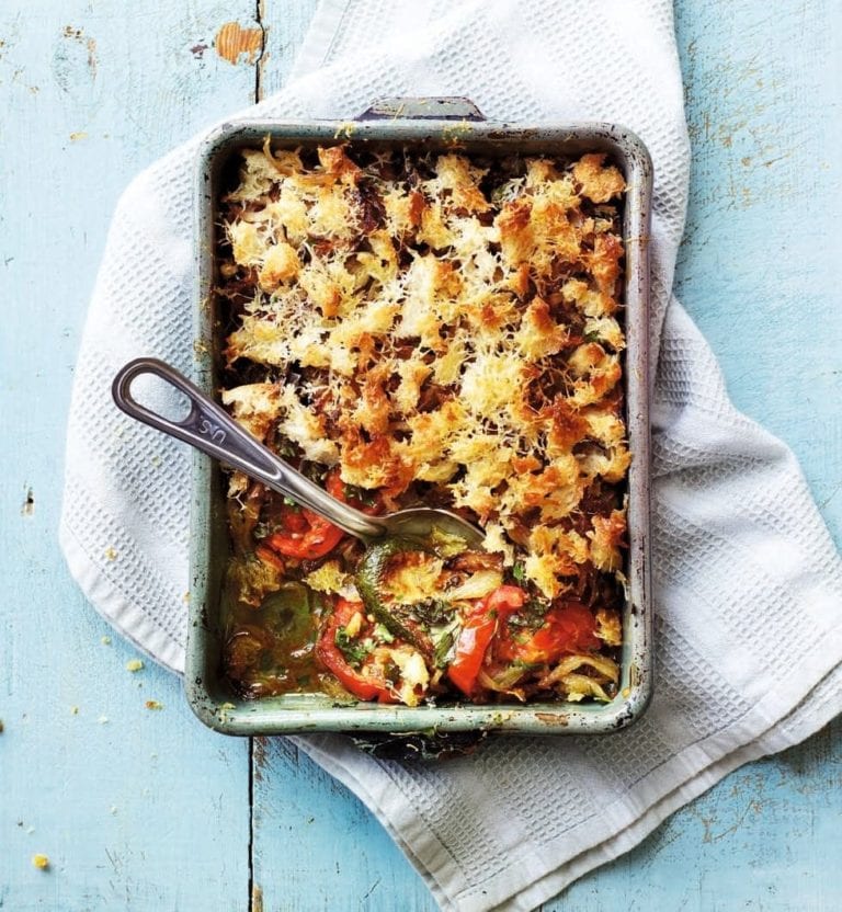 Tomato and courgette gratin with sourdough crumbs