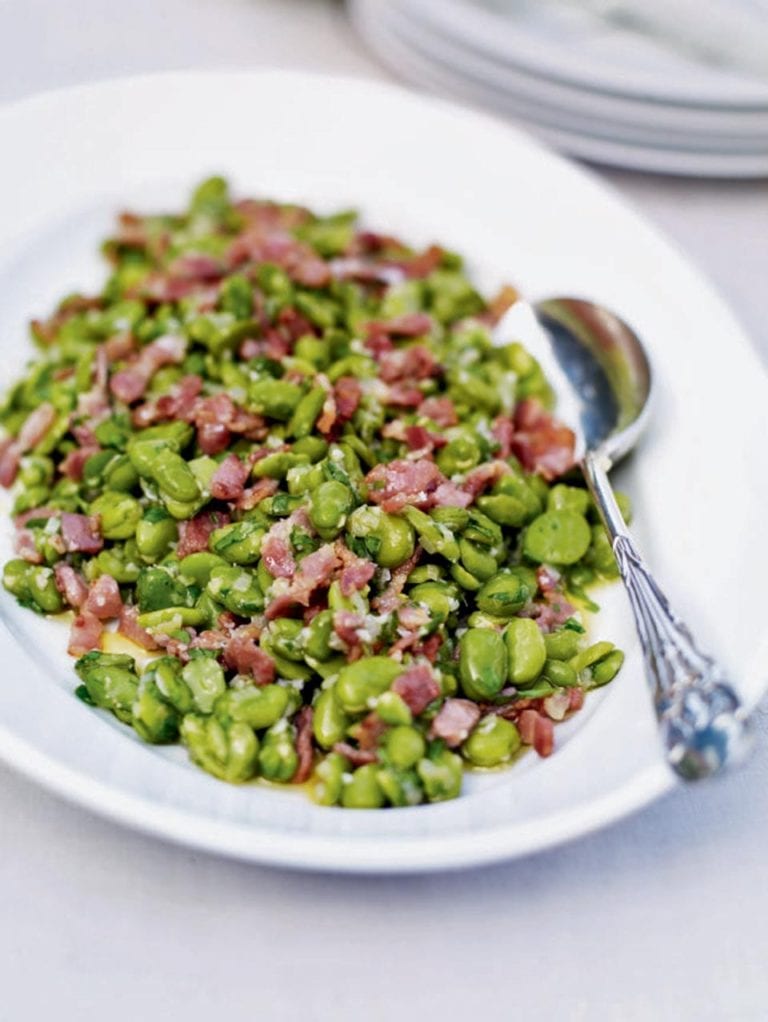 Warm broad bean salad with bacon