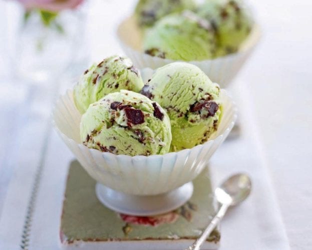 Mint choc chip ice cream in bowls