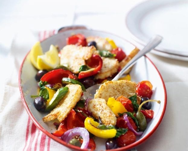Sesame-crusted halloumi with Mediterranean veg