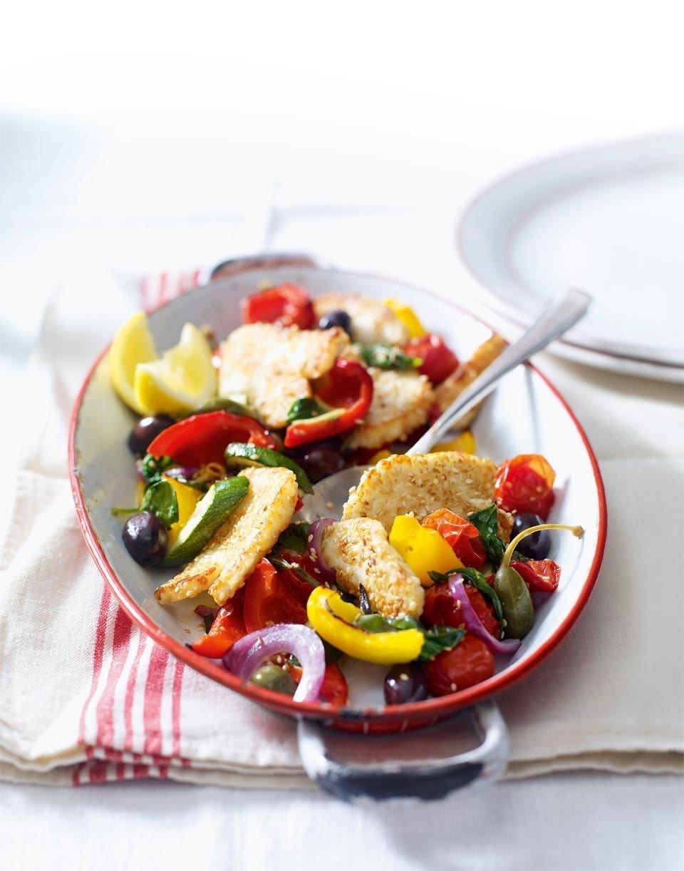 Sesame-crusted halloumi with Mediterranean veg recipe