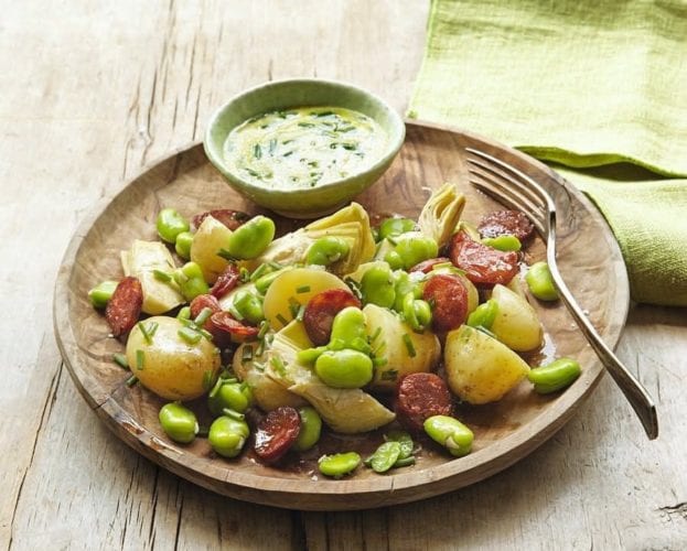 New potato and chorizo salad with broad beans