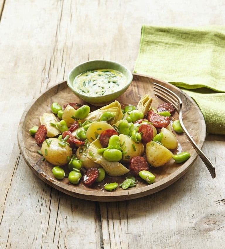 New potato, artichoke, broad bean and chorizo salad