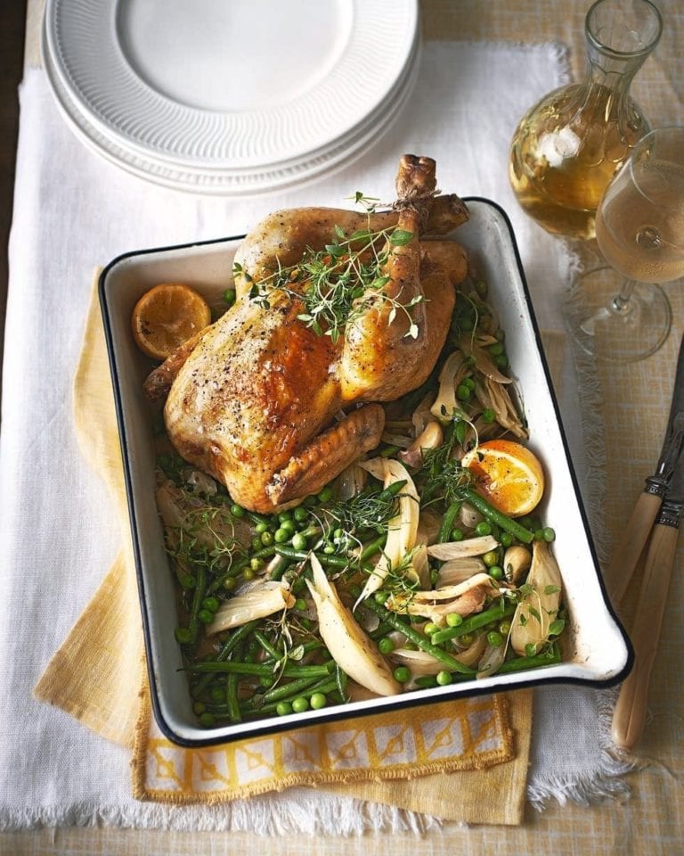 Pot-roast chicken with lemon, fennel, peas and beans