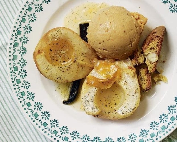 Baked pears, hazelnut praline ice cream and biscotti
