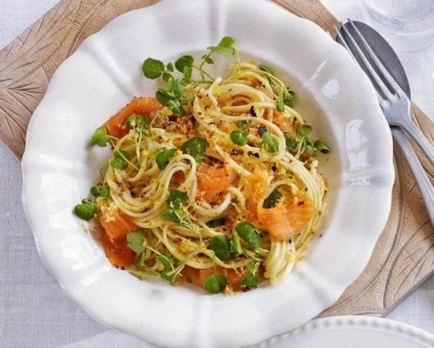 Smoked salmon and watercress linguine with chilli crumbs
