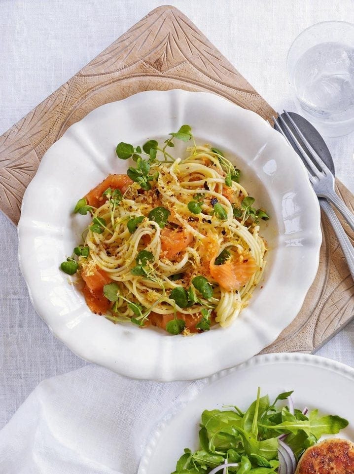 Smoked salmon and watercress linguine with chilli crumbs