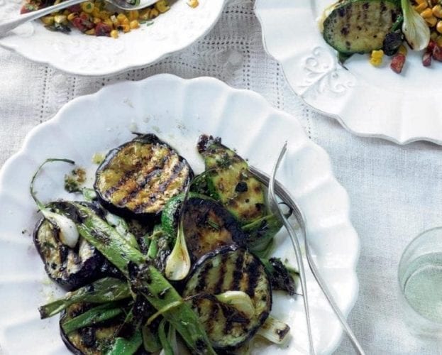 Barbecued vegetables with tahini dressing