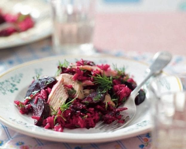Beetroot and dill pilaf with hot-smoked trout