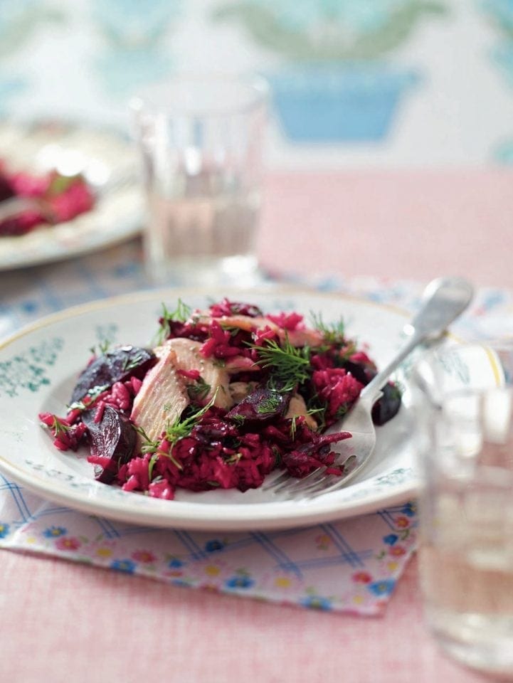 Beetroot and dill pilaf with hot-smoked trout