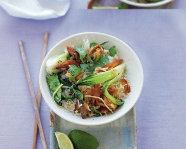 Smoked mackerel stir-fry with pak choi and rice