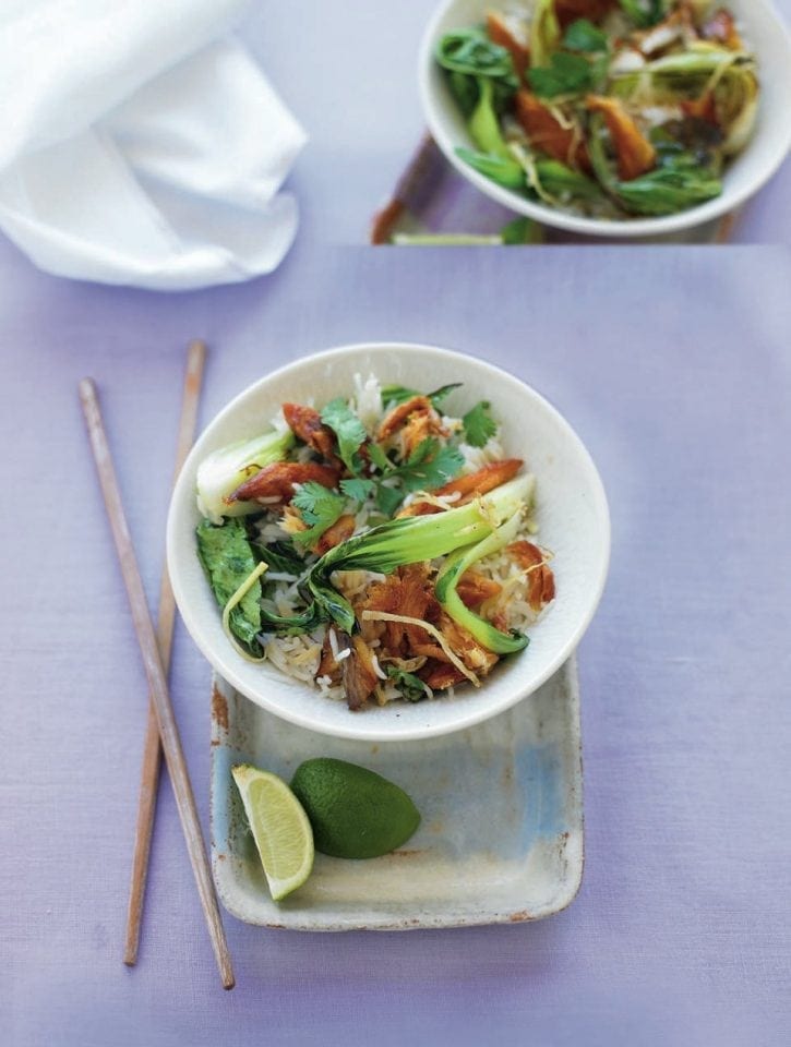 Smoked mackerel stir-fry with pak choi and rice