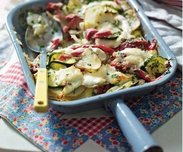 Three-cheese summer vegetable bake