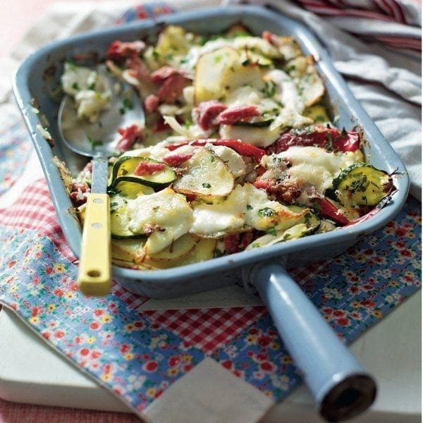 Three-cheese summer vegetable bake