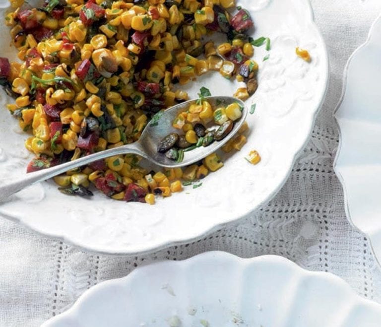 Sweetcorn, chorizo and toasted almond salad