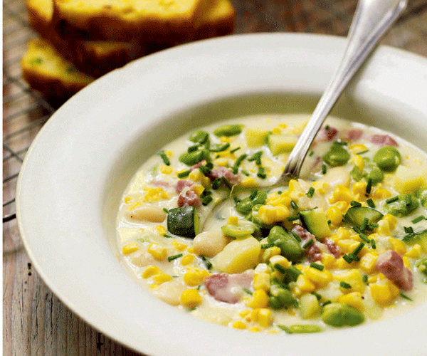 Succotash stew recipe in a white bowl
