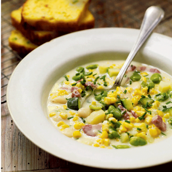 Succotash stew with smoked cheese and sweetcorn cornbread