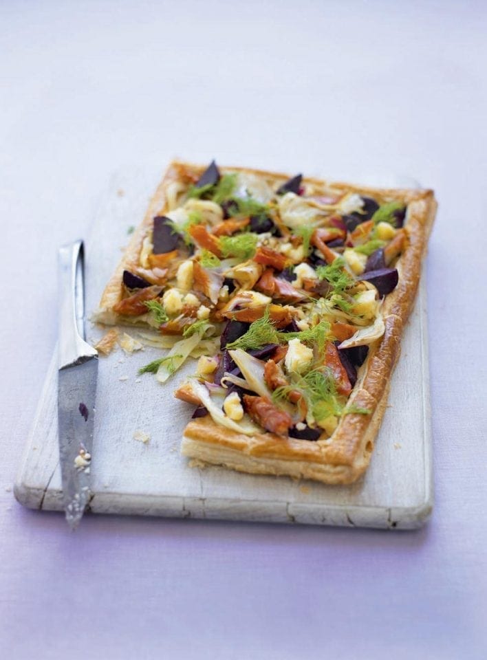 Mackerel, beetroot and fennel tart