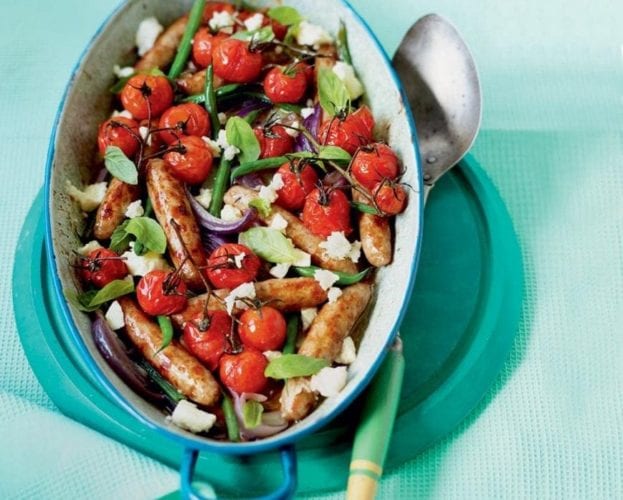 Roast sausage, tomato and feta