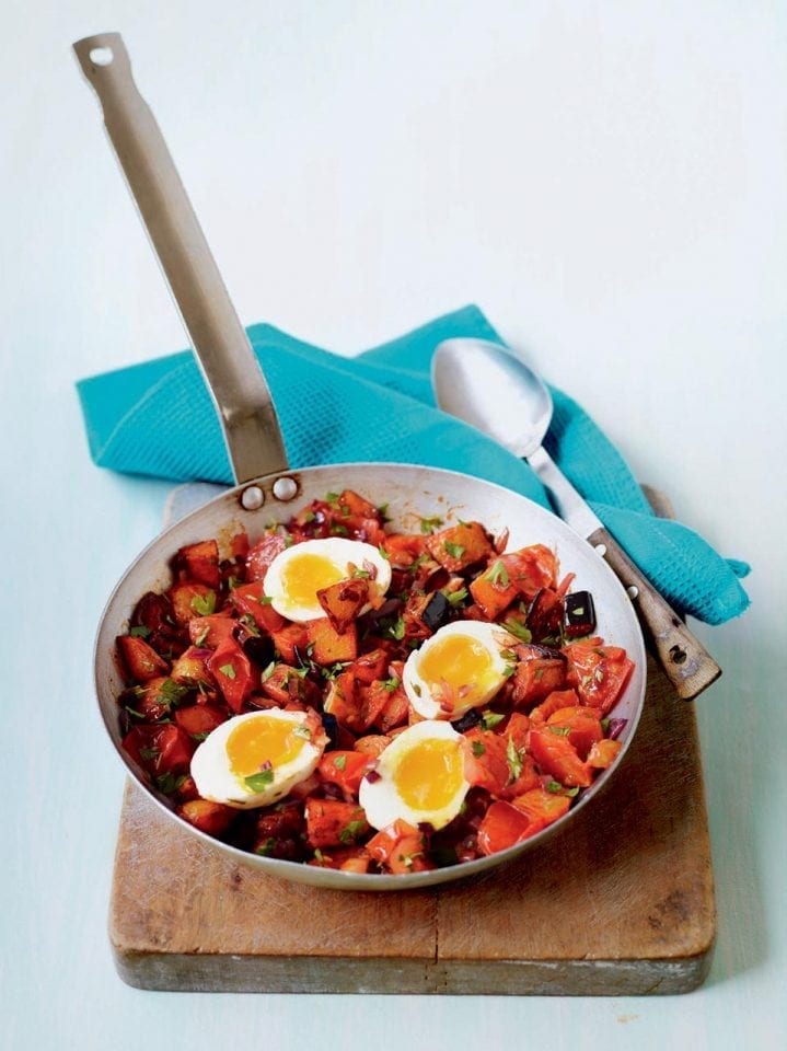 Vegetable hash with soft-boiled eggs