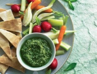 Feta pesto with crudités and toasted pitta bread