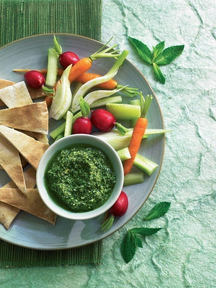 Feta pesto with crudités and toasted pitta bread