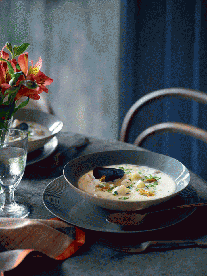 Langoustine and mussel chowder with herb celery