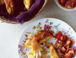Parmesan chicken goujons with thyme tomatoes