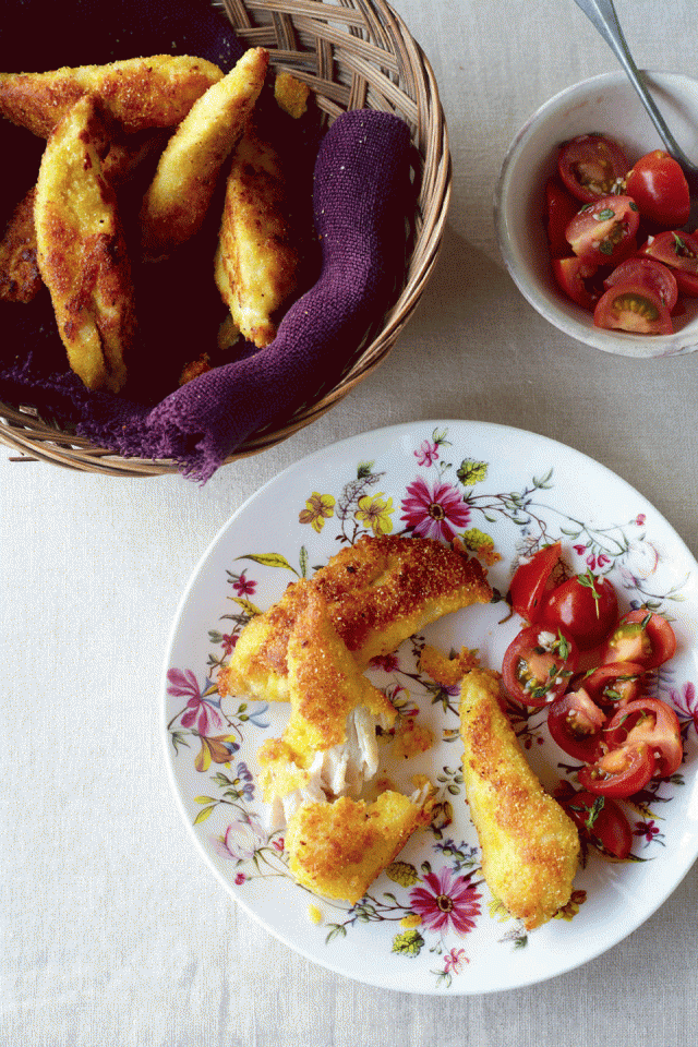 Parmesan chicken goujons with thyme tomatoes