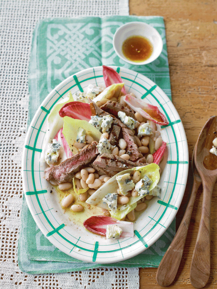 Cannellini bean, steak and blue cheese salad