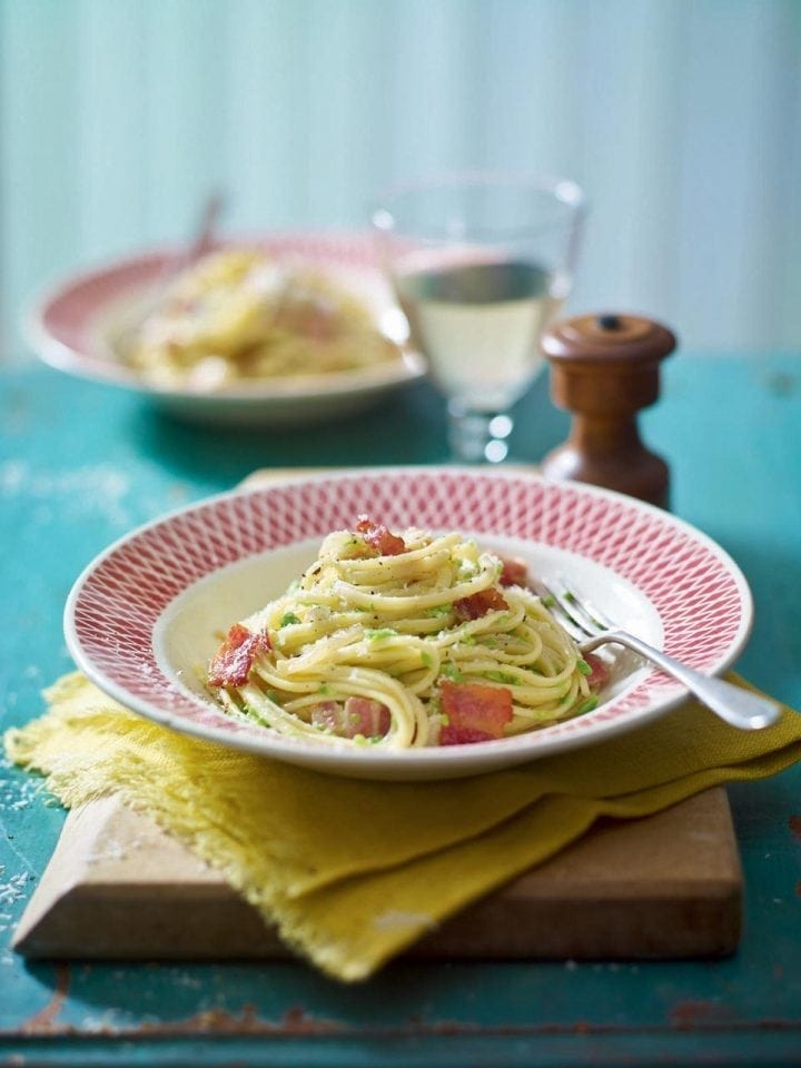 Creamy pea and bacon spaghetti