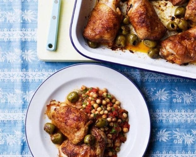 Crispy chicken thighs with chickpeas