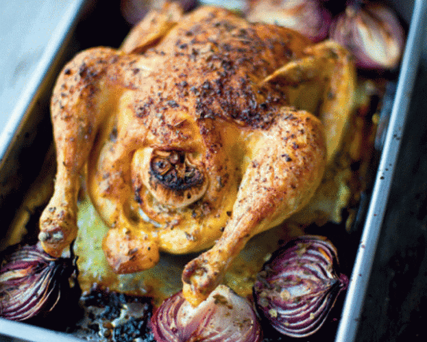 Chicken thighs with curried leeks and lentils