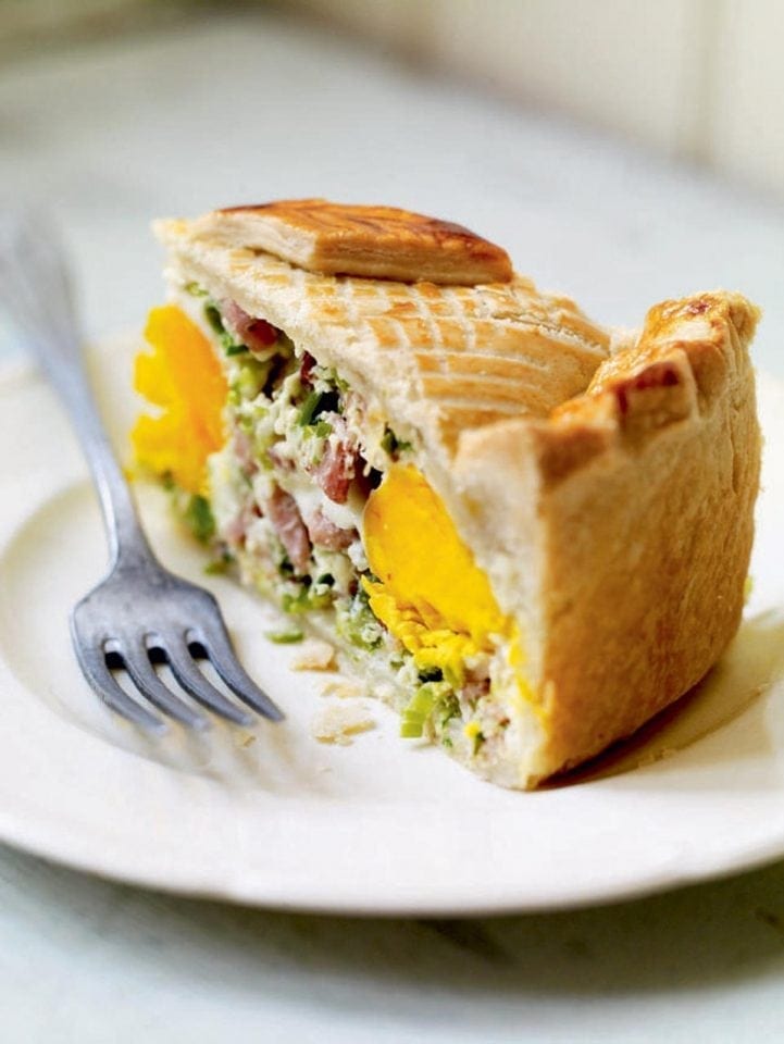 Deep-filled egg and bacon pie