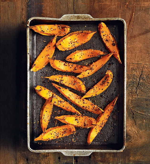 Roasted squash wedges with smoky dried chilli and panch phoran