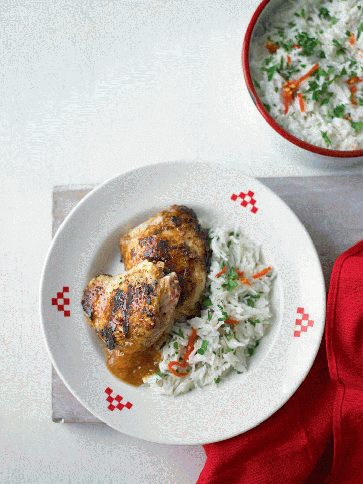 Jerk chicken thighs with coconut rice