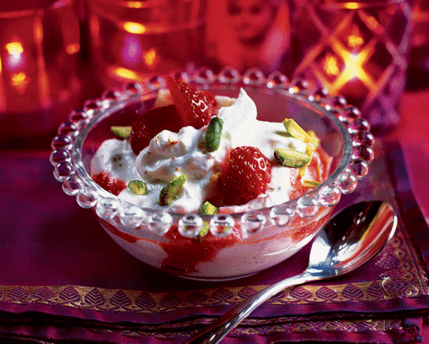 Strawberry shrikhand, spiced yogurt