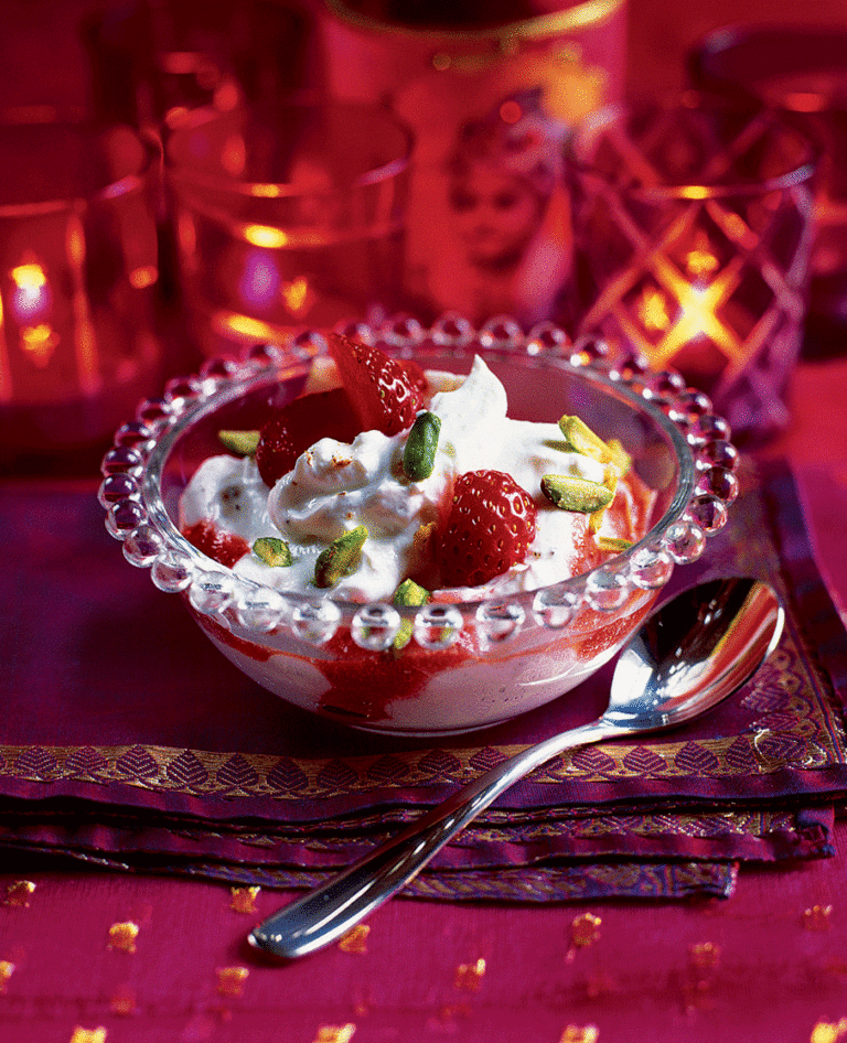 Strawberry shrikhand, spiced yogurt