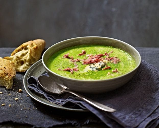 Pea soup with gorgonzola dolce and ham hock