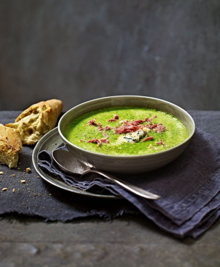 Pea soup with gorgonzola dolce and ham hock